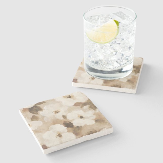 Dessous-de-verre En Pierre Fleurs Abstraites Crème Marron Beige (Côté)