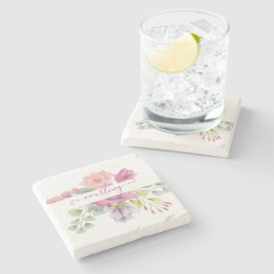 Dessous-de-verre En Pierre Fleurs aquarelles personnalisées rose et pêche