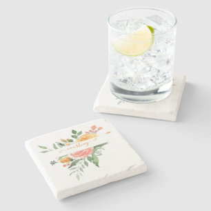 Dessous-de-verre En Pierre Fleurs aquarelles rose et orange personnalisées