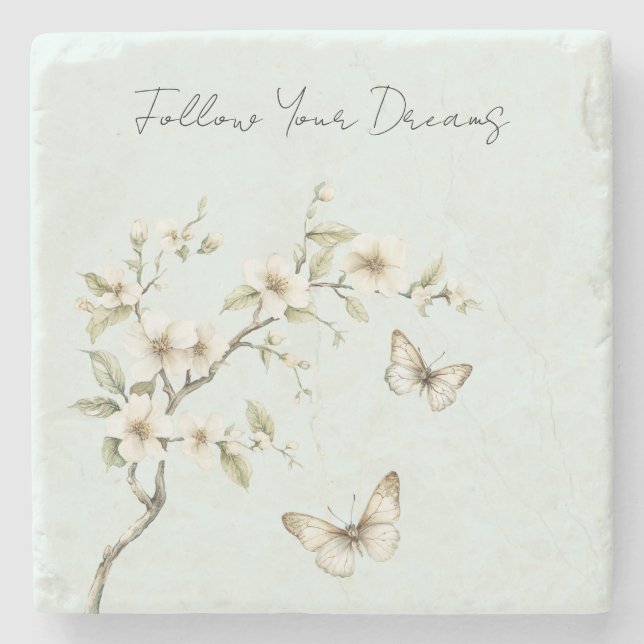 Dessous-de-verre En Pierre Fleurs blanches de menthe papillons   (Devant)