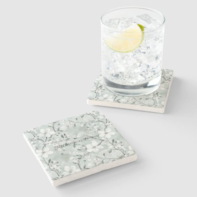 Dessous-de-verre En Pierre Fleurs blanches gris chic (Côté)
