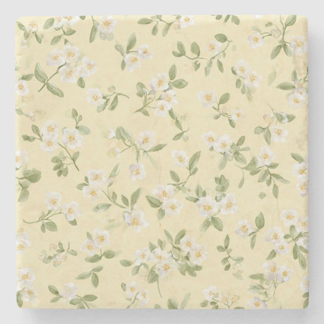 Dessous-de-verre En Pierre Fleurs blanches jaunes   (Devant)