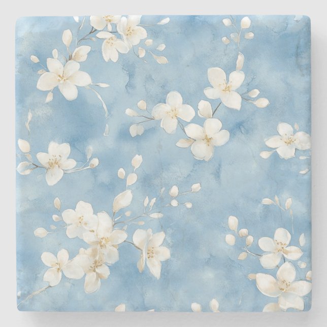 Dessous-de-verre En Pierre Fleurs Blanches Jolies Bleu Ciel (Devant)