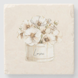 Dessous-de-verre En Pierre Fleurs Blanches Jolis Amour Rougeâtre