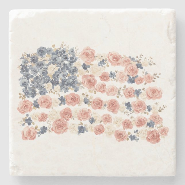 Dessous-de-verre En Pierre Fleurs Bleu Blanc Rouge (Devant)