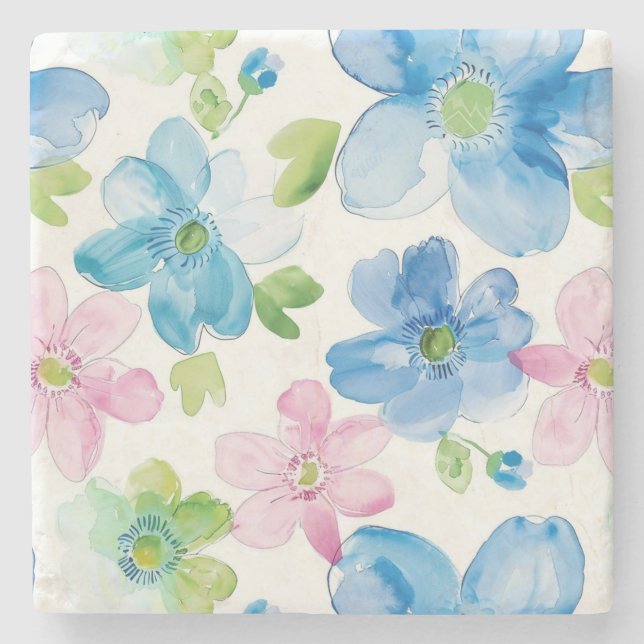 Dessous-de-verre En Pierre Fleurs Bleues Roses Chic (Devant)