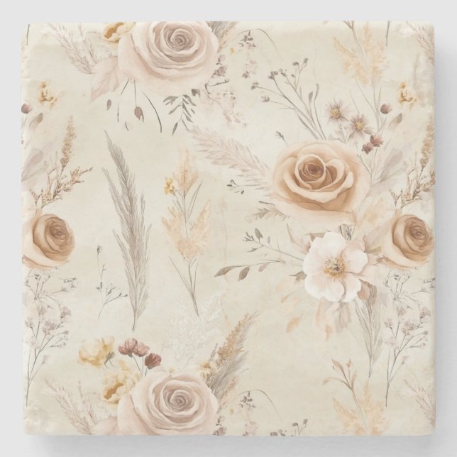 Dessous-de-verre En Pierre Fleurs Bohèmes Crème Rustiques (Devant)