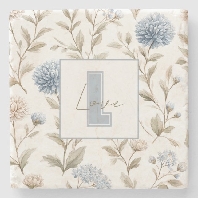 Dessous-de-verre En Pierre Fleurs Brunes Bleues Crème Monogramme Initial Amou (Devant)