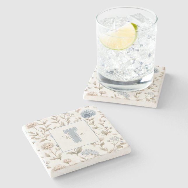 Dessous-de-verre En Pierre Fleurs Brunes Bleues Crème Monogramme Initial Nom (Côté)