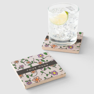 Dessous-de-verre En Pierre Fleurs colorées, Arrière - plan bleu, Noir