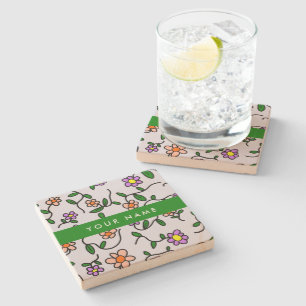 Dessous-de-verre En Pierre Fleurs Colorées, Fond Bleu, Vert