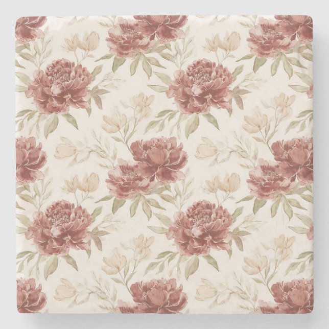 Dessous-de-verre En Pierre Fleurs Crème Rouge (Devant)