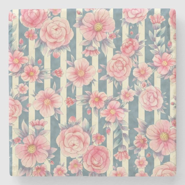 Dessous-de-verre En Pierre Fleurs d'aquarelle rose sur bandes (Devant)