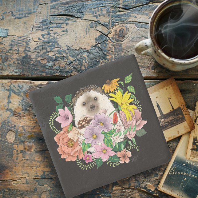 Dessous-de-verre En Pierre Fleurs de hérisson mignonnes (Créateur téléchargé)