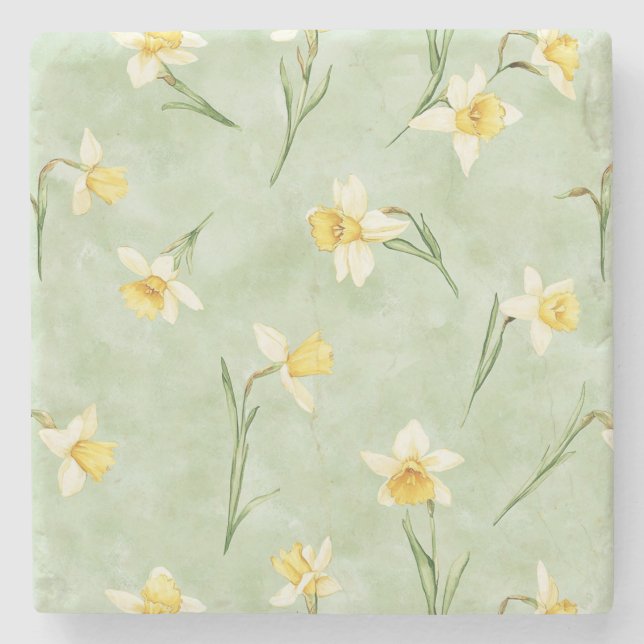 Dessous-de-verre En Pierre Fleurs de jonquilles jaune vert menthe (Devant)