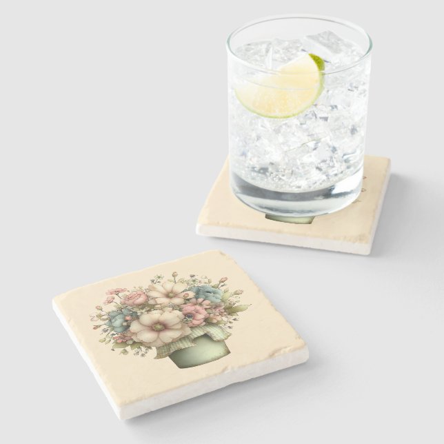 Dessous-de-verre En Pierre Fleurs Fantaisistes dans un Pot de Fleurs Mignon (Côté)