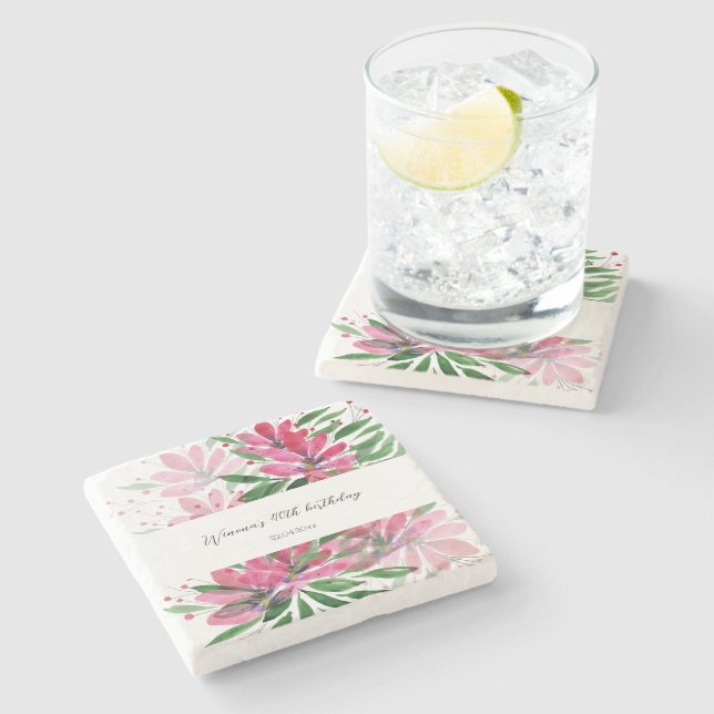 Dessous-de-verre En Pierre Fleurs Fleurissent Art Original Aquarelle Monogram (Côté)