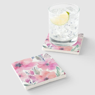 Dessous-de-verre En Pierre Fleurs Florales   Fleurs Roses Peintes à l'Aquarel
