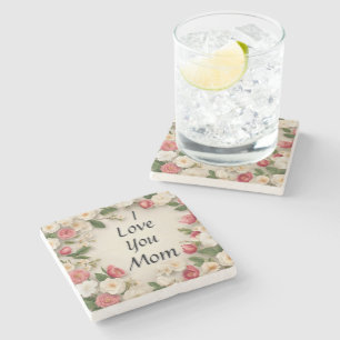 Dessous-de-verre En Pierre Fleurs florales roses et blanches "I Love You Mom"