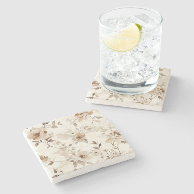 Dessous-de-verre En Pierre Fleurs Marron Crème (Côté)
