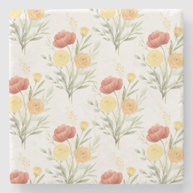 Dessous-de-verre En Pierre Fleurs Orange Jaune Rouge (Devant)