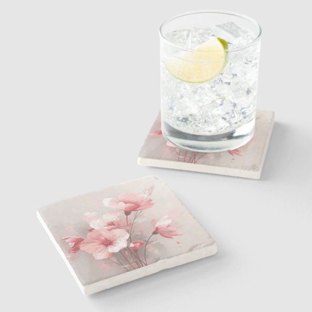 Dessous-de-verre En Pierre Fleurs rose, blanc et gris (Côté)