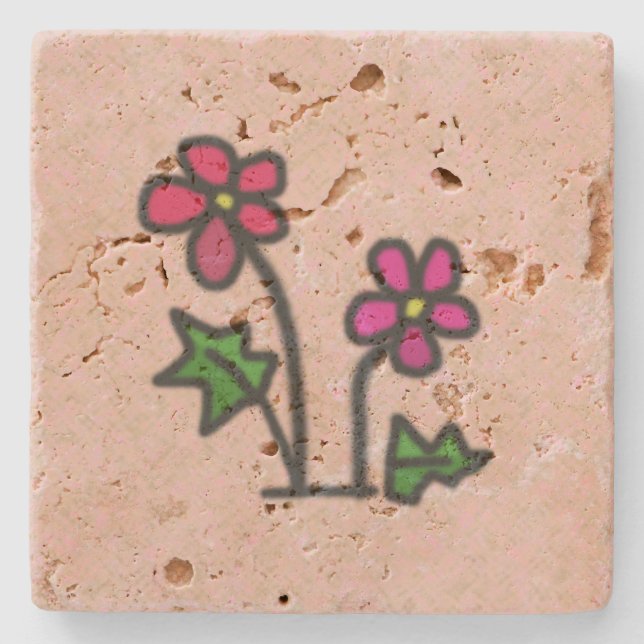 Dessous-de-verre En Pierre Fleurs roses douces dessinées (Devant)