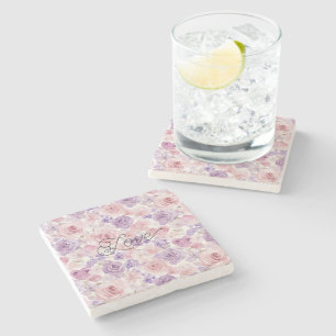 Dessous-de-verre En Pierre Fleurs Roses Violettes Blush Cœurs Saint-Valentin