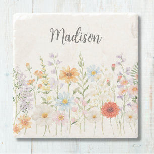 Dessous-de-verre En Pierre Fleurs sauvages botaniques aquarelle monogramme