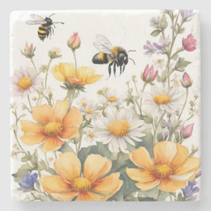 Dessous-de-verre En Pierre Fleurs sauvages et Abeilles de miel Aquarelle