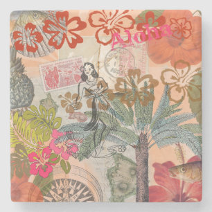 Dessous-de-verre En Pierre Fleurs Vintage Hula Coloré Hawaïen Tropical