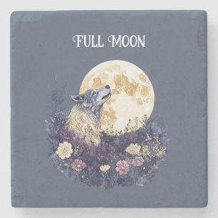 Dessous-de-verre En Pierre Fleurs Violettes Loup Pleine Lune