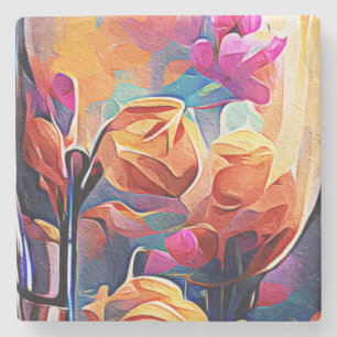 Dessous-de-verre En Pierre Floral Abstract Art Orange Red Blue Flowers
