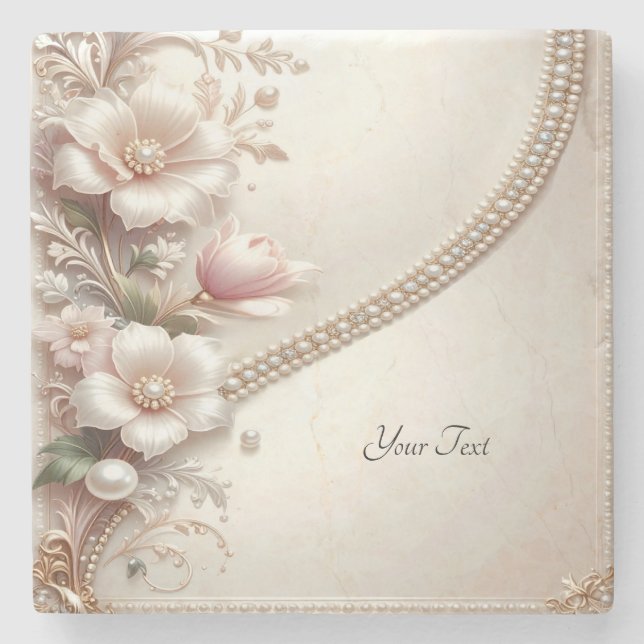 Dessous-de-verre En Pierre Floral and Pearl Embellishments Stone Coaster (Devant)