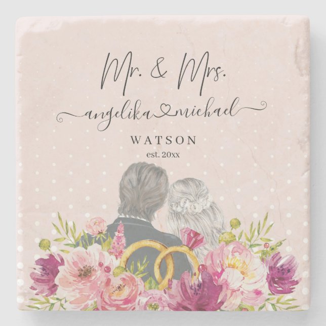 Dessous-de-verre En Pierre Floral Blush Peonies Script tendance Mr et Mrs. (Devant)