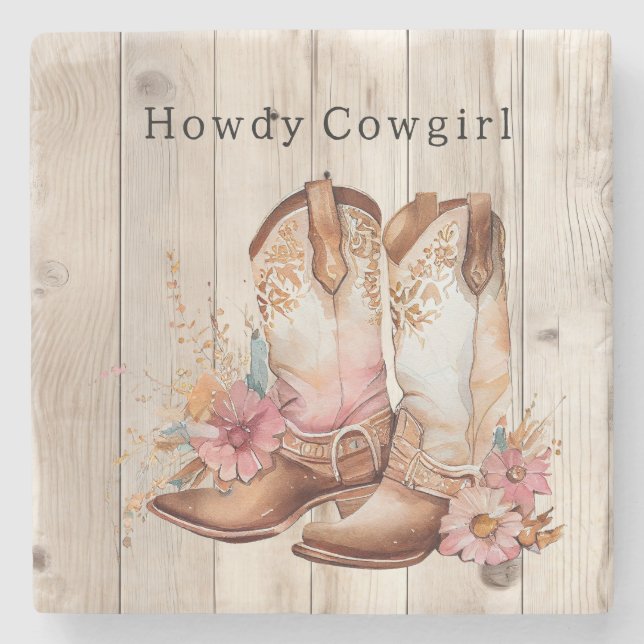 Dessous-de-verre En Pierre Floral Cowgirl Boots Ivory Faux Wood Personalized  (Devant)