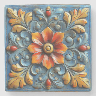 Dessous-de-verre En Pierre Floral espagnol mexicain Orange et bleu