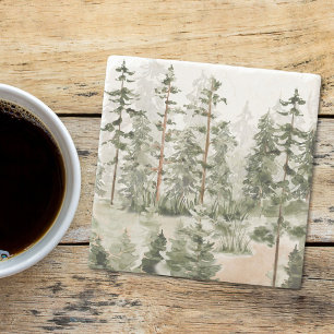 Dessous-de-verre En Pierre Forêt Verte Rustique Aquarelle