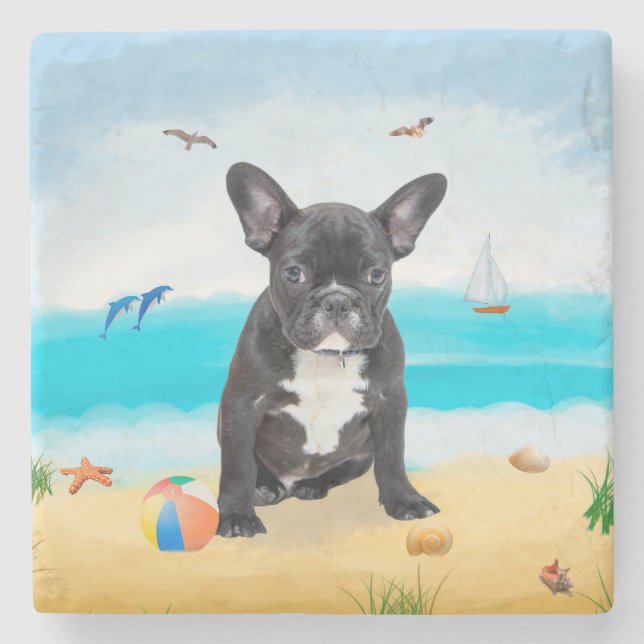 Dessous-de-verre En Pierre French Bulldog sur la plage (Devant)