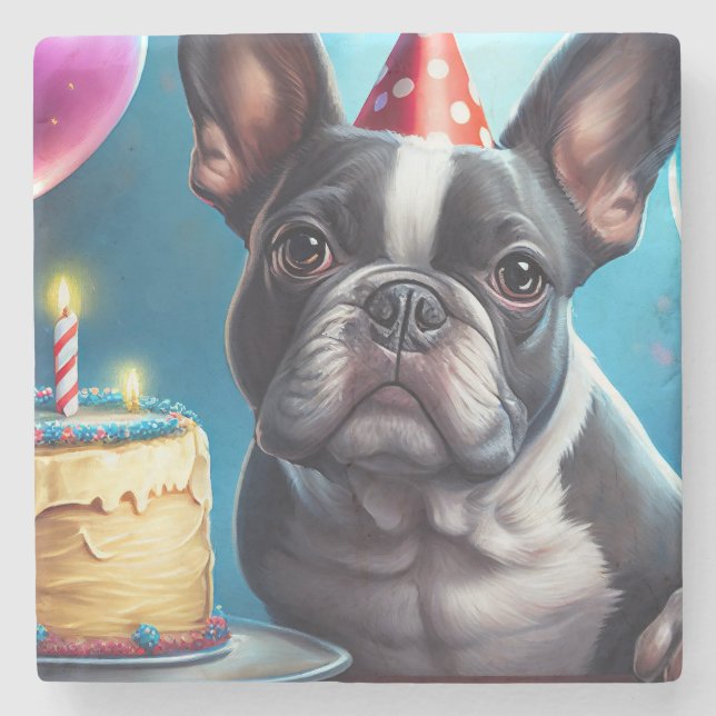 Dessous-de-verre En Pierre Frenchie Birthday Bash : Un mignon Bulldog françai (Devant)