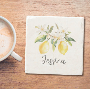 Dessous-de-verre En Pierre Fruits de citron Monogram Fleurs blanches Branche