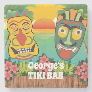 Dessous-de-verre En Pierre Funny Tiki Visages et coucher de soleil tropical