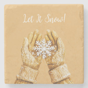 Dessous-de-verre En Pierre Gants de Noël flocon de neige mains or jaune