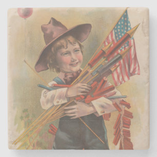 Dessous-de-verre En Pierre Garçon avec Feux d'Artifice, Drapeau Américain, Im