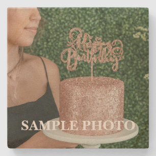 Dessous-de-verre En Pierre Gâteau d'anniversaire élégant en or rose avec phot