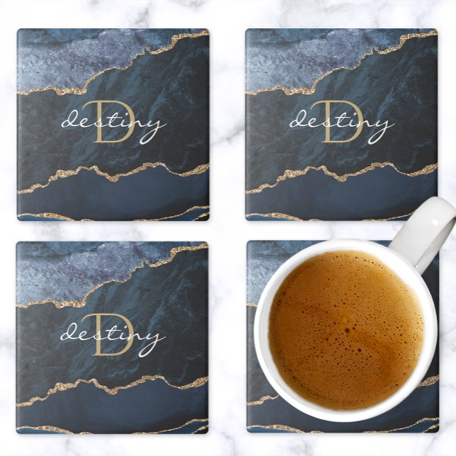 Dessous-de-verre En Pierre Géode d'agate Monogramme Bleu Nuit Or (Créateur téléchargé)