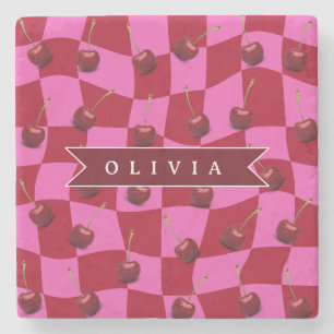 Dessous-de-verre En Pierre Gingham Cerise Personnalisé Rétro Nom Personnalisé