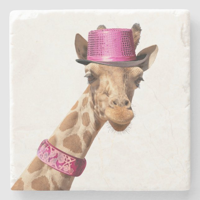 Dessous-de-verre En Pierre Giraffe en casquette rose étincelant (Devant)
