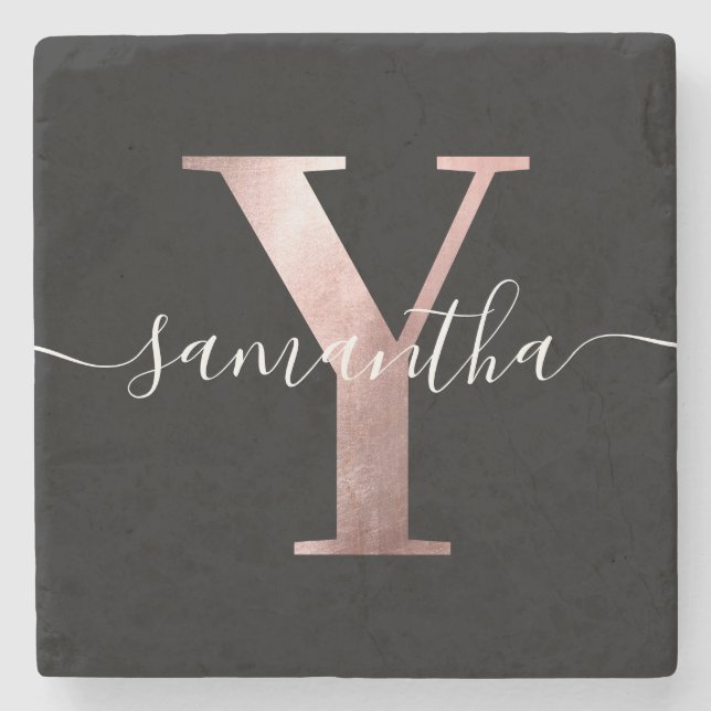 Dessous-de-verre En Pierre Girls Faux Rose Gold Foil Monogramme blanc et noir (Devant)