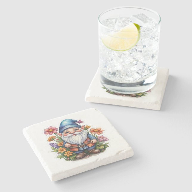 Dessous-de-verre En Pierre Gnome Et Fleurs 2 (Côté)